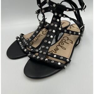 Sam Edelman Elowen Black Leather Studded Gladiator Flat Sandals Silver Studs 9.5